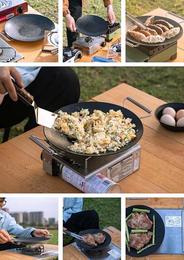 camping moon BBQ Grill Pan Dia 10.4-inch Round Griddle 3-Ply Composite Steel Nonstick Foldable Handle for Open Fire Gas Stove Outdoor & Indoor Use GRW-27F