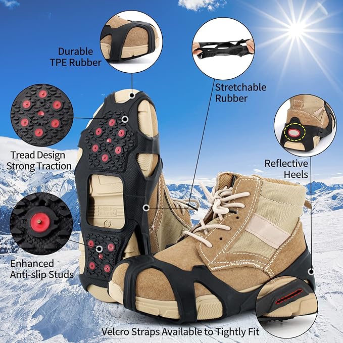 Non-Slip Ice Cleats Snow Grips, Strong Traction Crampons 11 Steel Studs, for Shoes and Boots, Snow Ice Walking