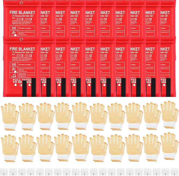 20 Pack Bulk Emergency Fire Blankets for Home and Kitchen with Fireproof Gloves & Hooks Safety Flame Suppression Fire Extinguisher for Camping House Warehouse Car 39.4"x39.4", Housewarming Gifts