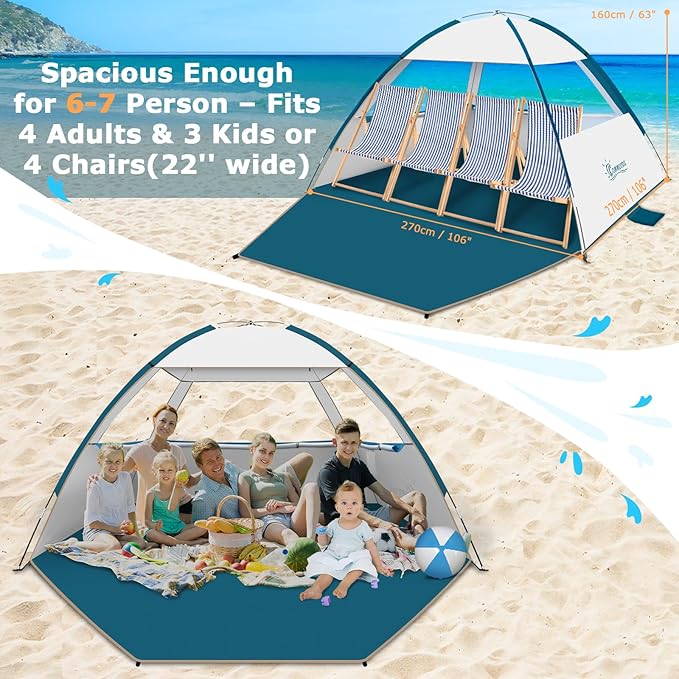 COMMOUDS Beach Tent Sun Shade for 3/4-5/6-7/8-10 Person, UPF 50+ Beach Sun Shelter Canopy Tent, Lightweight, Easy Set Up and Carry