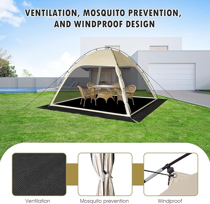 Screen Tent with Removable Floor, Siebwin Large 10'x10' Gazebos with Mosquito Netting and Removable Floor Sunproof Outdoor Canopy Tent for Backyard Party Outside Activities 1-Person Setup