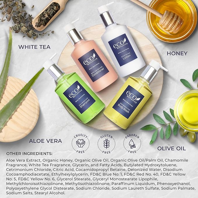 Eco Botanics Hotel Amenities Set | 10.14oz Pump Bottles | Shampoo, Conditioner, Hand & Body Wash, and Lotion | Set of 48