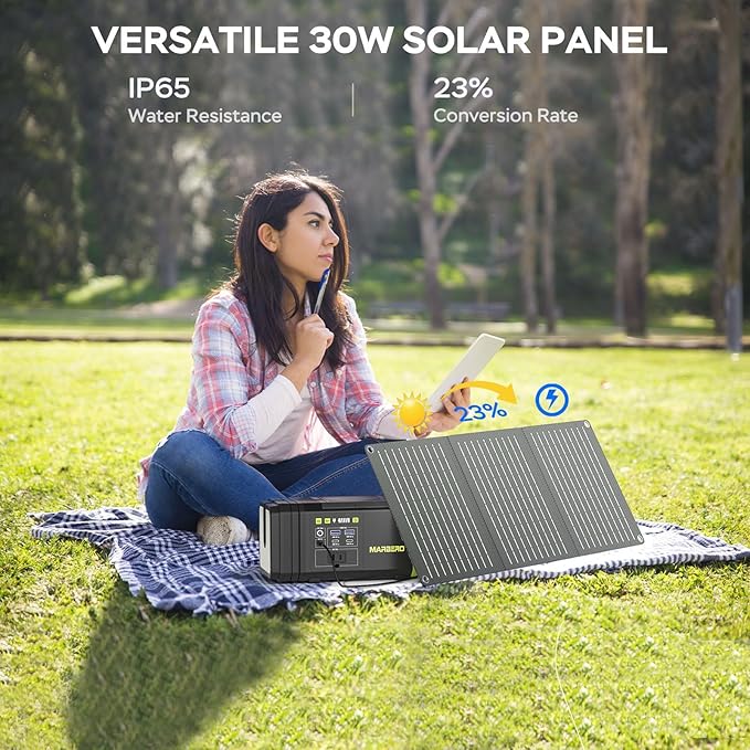 MARBERO 118Wh Solar Generator with Telescopic Camping Lights 32000mAh 160W Max Portable Power Station with Solar Panel Included 30W AC Outlet USB DC Output for Camping Hiking Emergency