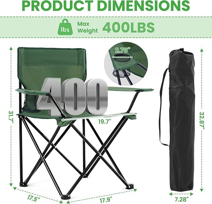 2 Pack Portable Camping Chairs Folding Lawn Chair Outdoor Lightweight Beach Chair with Cup Holder & Carry Bag for Outside Sports, Fishing, Hiking, Travel, Picnic, Backyard (Green)