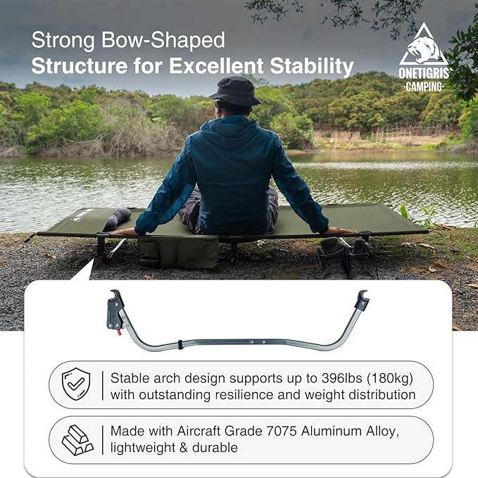 ONETIGRIS SUPRAGRIS Camping Cot, Support Up to 400lbs, Lightweight Comfortable Folding Bed for Camping, Hiking, Backpacking, Travel, Car Trips, Office Nap (Ranger Green)