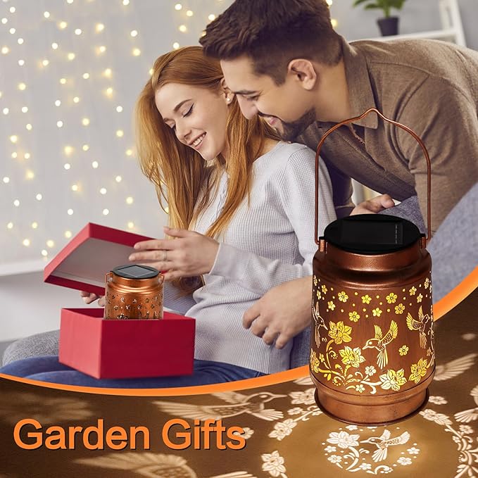 2 Pack Solar Lanterns Outdoor Waterproof Hummingbird Garden Decor Birthday Gifts for Women Mom Grandma Hanging Solar Lights Metal Solar Decoration Outside for Yard,Patio,Backyard,Porch