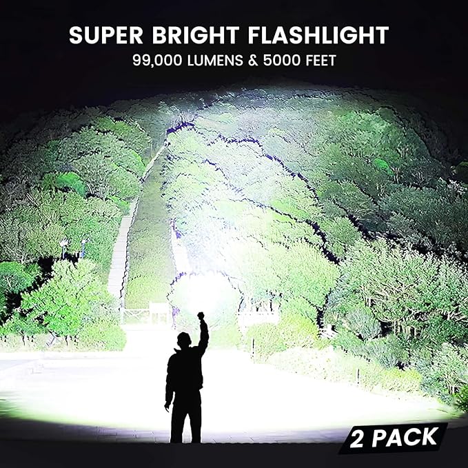 3 Pack Rechargeable Flashlights High Lumens, 99,000 Lumens Super Bright LED Flashlight for Home Camping, Handheld Flash Light Waterproof Flashlight with 5 Modes & Adjustable Function