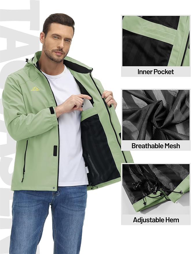 TACVASEN Men's Rain Jacket Lightweight Windbreaker with Hooded Water Resistant Outdoor Raincoat for Hiking Travel Camping