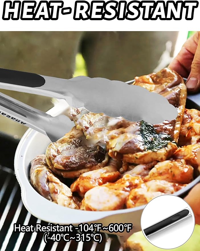 Anaeat 7" Mini Cooking Tong Stainless Steel - Sturdy Coiled Spring Locking Kitchen Food Tong with Non-Slip Silicone Grip for Serving, Cooking, Baking - Heat Resistant up to 480°F (Black)