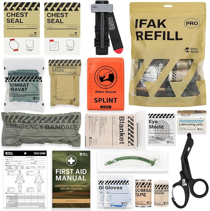 RHINO RESCUE IFAK Refill Kit 17Pcs with CAT Gen-7 Tourniquet, Emergency Tactical First Aid Kit Medical Supplies, IFAK Trauma Kit Combat Pack for Trauma Wound Care, Gunshot, Survival, Car & Camping