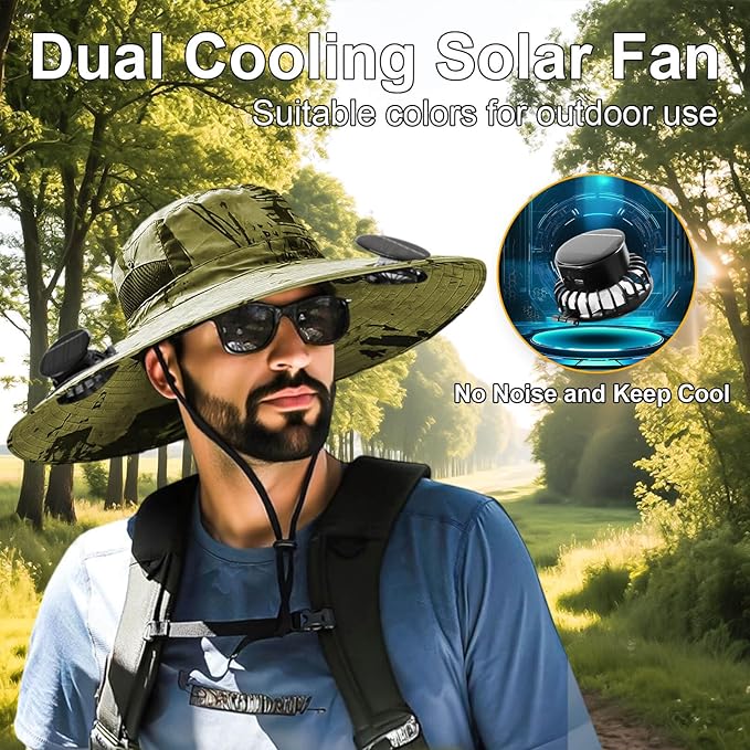 Outdoor Wide Brim Sun Hat with 2 Solar Fan for Men Women UPF50+ Outdoor Hiking Sun Protection Bucket Fishing&Cycling Hat