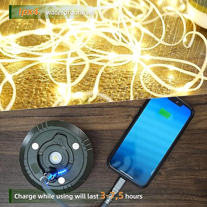 Allspark Camping String Lights, 4 in 1 Quick Storage 32.8FT Rechargeable Waterproof LED Hanging Light with 8 Lighting Modes, Hanging Portable LED Lamp for Outdoor Patio Awning Garden Party Essential
