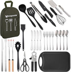 Camping Cooking Essentials Utensils Set - Camp Cookware Kitchen Accessories Kit, Camper Gear Must Haves, Stainless Steel & Silicone, RV Car Portable Outdoor Equipment Tool