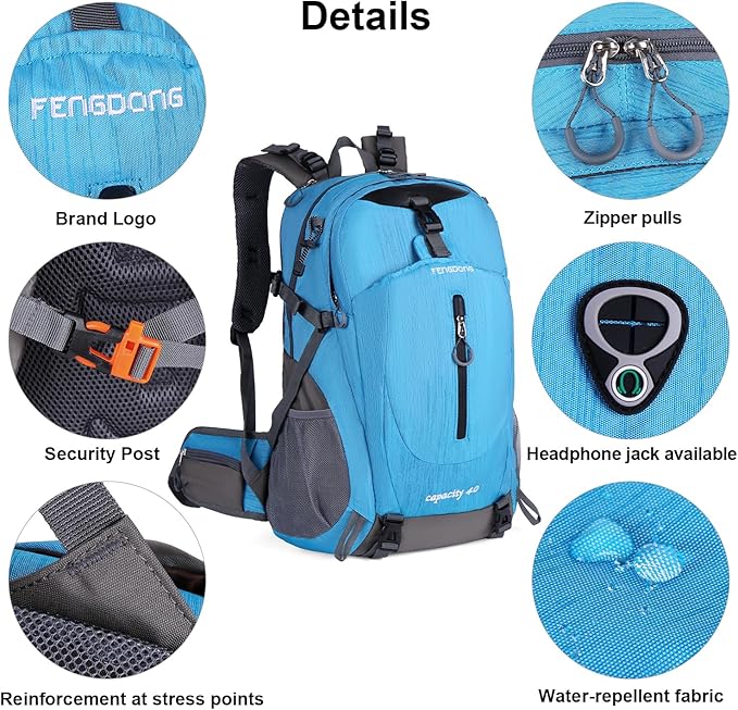 FENGDONG 40L Waterproof Lightweight Hiking,Camping,Travel Backpack for Men Women Blue