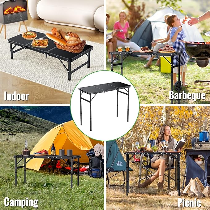 GARLLEN Folding Camping Table, 3-Adjustable Height Portable Picnic Table with Carrying Bag, Lightweight Aluminum Folding Outdoor Table for Camping, BBQ, Picnic, 34.2" L x 15.7" W, Black