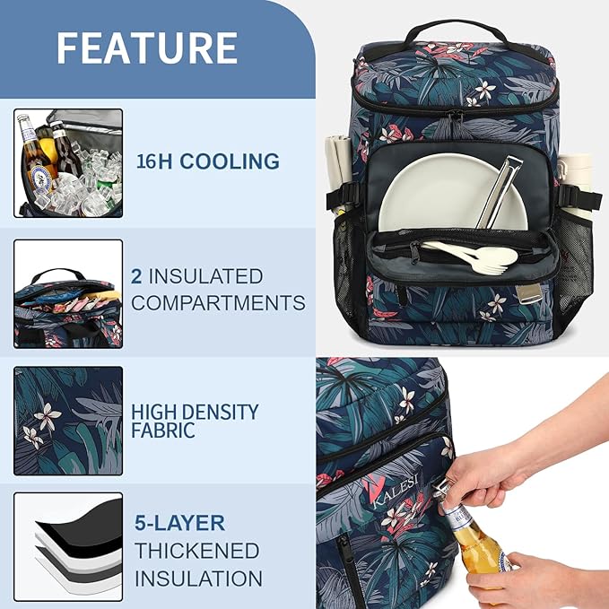 Kalesi Cooler Backpack 36 Cans Lightweight Insulated Backpack Cooler Leak-Proof Travel Camping Lunch Backpack Outdoor Cutlery Backpack for Men and Women