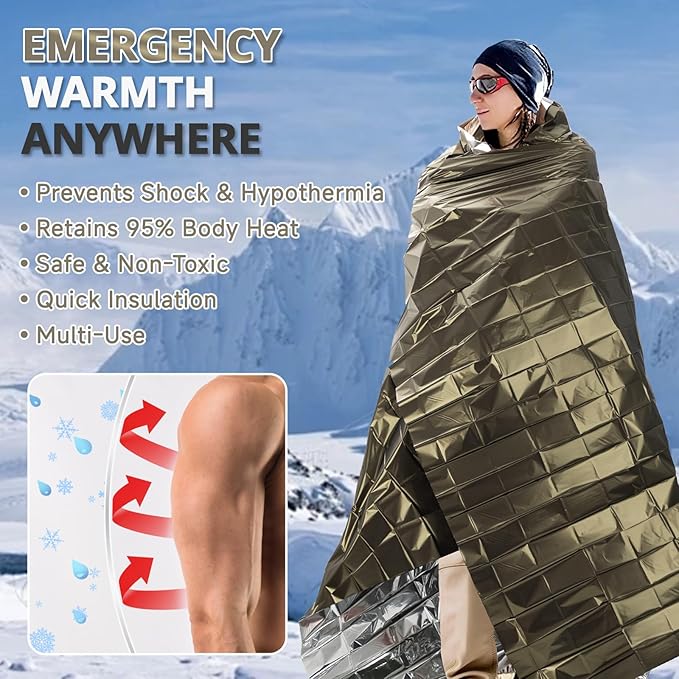 SecuCaptain Survival Emergency Thermal Blankets: Extra Large 84” x63” Space Mylar Blanket Kit for Outdoor Cold Winter Camping Hiking Car Bug Out Bag or First Aid - 10 Pack Amy Green