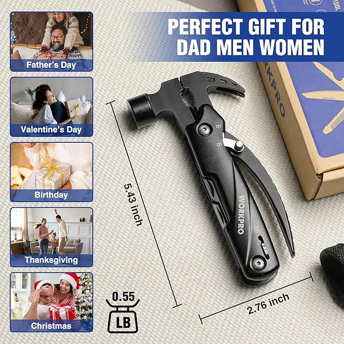 WORKPRO Multitool-12 in 1 Camping Tools with Mini Hammer-EDC Gear Multi Tools Hammer with Safety Lock and Pouch-Mini Multitools Gifts for Men and Women