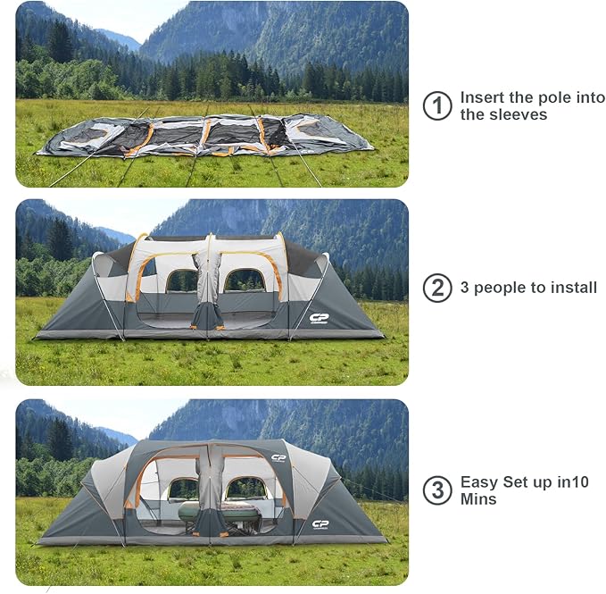 CAMPROS CP Tent 12-Person-Camping-Tents,3 Room Family Tents,Waterproof Windproof Family Tent with Top Rainfly,6 Large Mesh Windows,Double Layer,Easy Set Up, Portable with Carry Bag-20' x 9' x 72"(H)