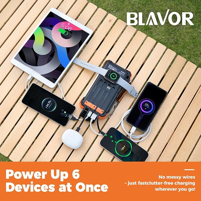 BLAVOR Solar Power Bank 20000mAh/74000mWh Built-in Cables, Wireless Charger for Apple Watch, 20W Fast Charging Battery Pack with USB C, Flashlight, Solar Charger for iPhone, iPad, iWatch, Samsung