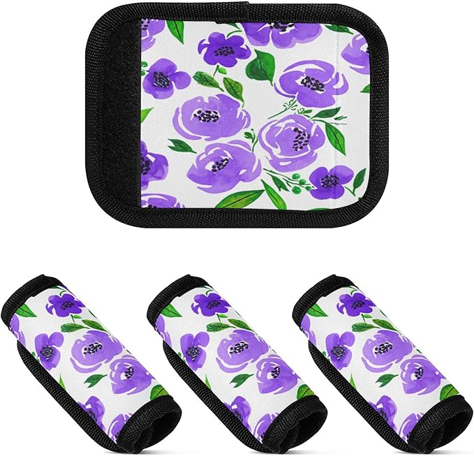 4 Pack Purple Flowers Luggage Handle Wrap, Detachable Luggage Tag, Neoprene Suitcase Wrap with Comfort Grip & Bright Identifier for Suitcase, Travel Bag, Sports Bag