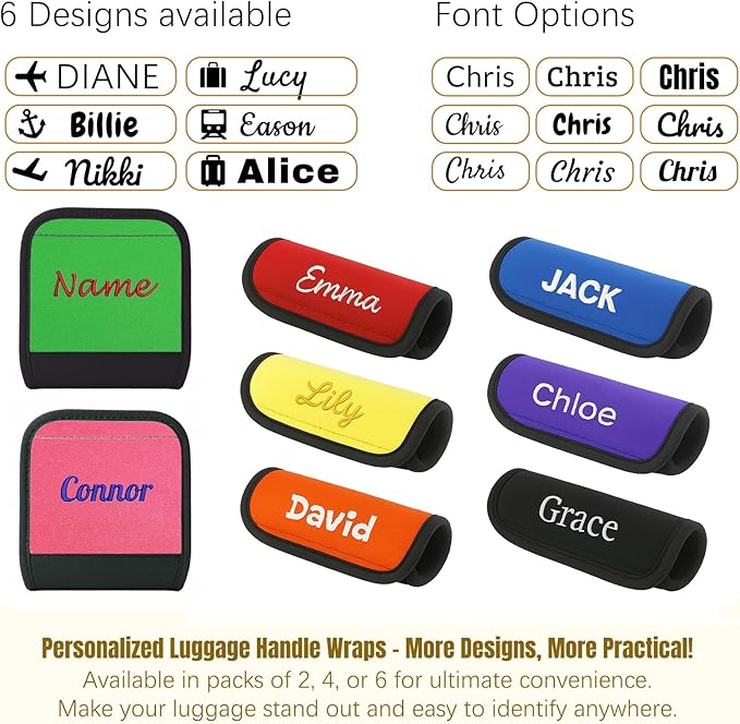 Personalized Luggage Handle Wrap with Embroidered Name Custom Soft Grip Handle Cover for Suitcase, Travel Bag Machine Washable Luggage Identifier for Airplane, Cruise, Road Trip (1 Piece)