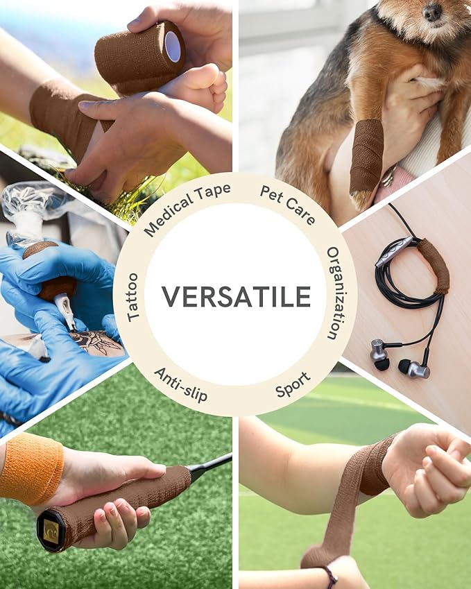 FriCARE Self Adhesive Bandage Wrap, Medical Tape in First Aid Kit, Cohesive Bandages for Wounds Sport Vet, FSA/HSA Eligible, 2 Inches X 5 Yards 6 Rolls, Dark Brown