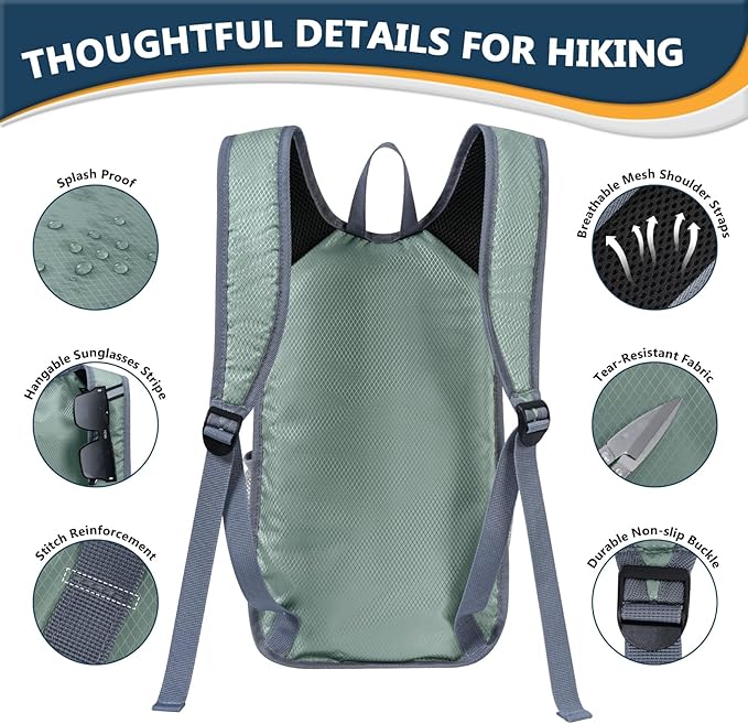 15L Hiking Backpack - Small Lightweight Packable Daypack Travel Outdoor Foldable Shoulder Bag Camping Hiking Backpack for Women Men - Grey