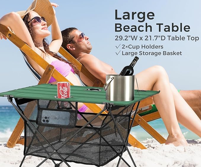 Lightweight Portable Fabric Camping Picnic Table - Collapsible Beach Table with 2 Cup Holders, Folding Canvas Outdoor Lawn Table - Easy Carry & Large Capacity Storage, 29.2"W x 21.7"D (Green)