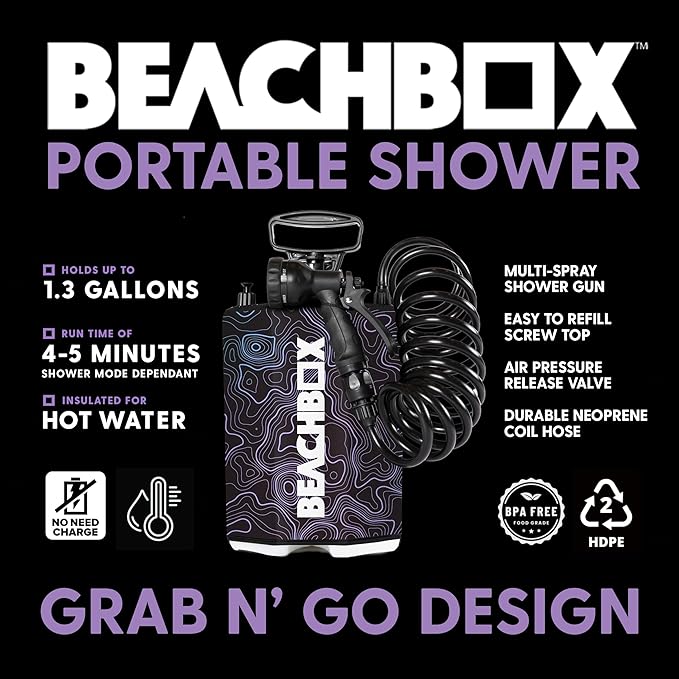 BeachBox Portable Shower Tank – Insulated Hot & Cold Water Tank for Camping, Beach, & Outdoor Adventures – 1.3 Gal Capacity – Multi-Spray Shower Gun – Easy Fill & Carry