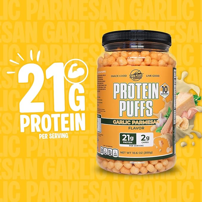 Twin Peaks Protein Puffs - (Garlic Parmesan), Keto Friendly, Low Carb Snack (300g, 21g Protein, 2g Net Carbs, High Protein, Healthy Crunchy Snack)