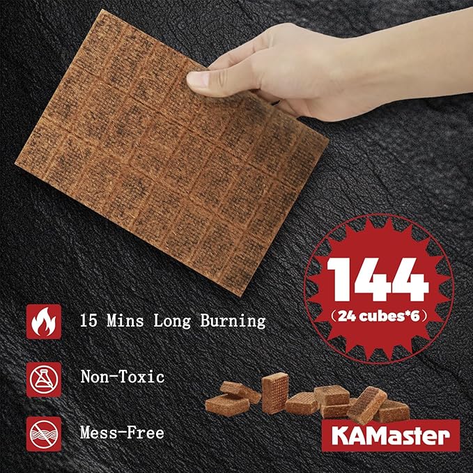 KAMaster 144 Pack Fire Starter Cubes - 35 Minutes Long Burning All Weather Firelighters, Waterproof & Windproof for Grill, BBQ, Fire Pit, Camping, Survival - Natural Wood Firelighters(Easy Ignite)