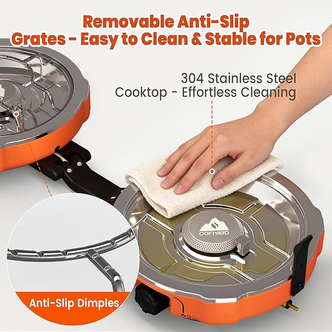 Cofiyard 20,000 BTUs 2 Burner Propane Camping Stove, Portable Folding Camp Stove with Adjustable Burners, Regulator and Carrying Bag, Dual Gas Stoves Easy Carrying Handle for Tailgating, Camping, BBQ