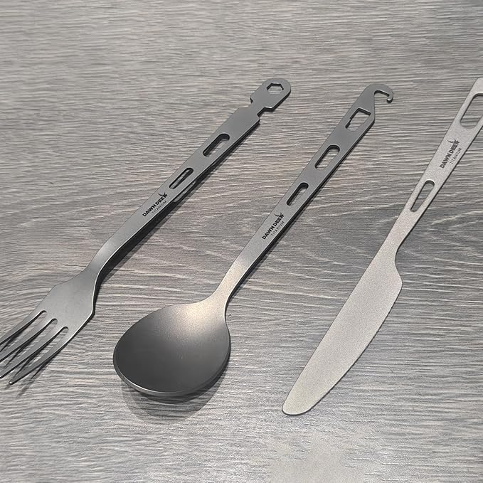 Titanium Fork Spoon Knife Set - Camping Tongs | Ultralight Backpacking Utensils, Travel Cutlery Set, Heat-Resistant & Rustproof, Hiking Survival Gear (Knife+ Fork+ Spoon)