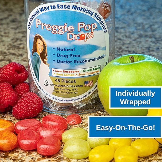 Preggie Pop Drops Morning Sickness - Preggie Pops for Morning Sickness Relief. Yummy Candy Drops for Pregnancy Relief. Soothing Relief for Pregnant Women. Sour Lemon 48 Count
