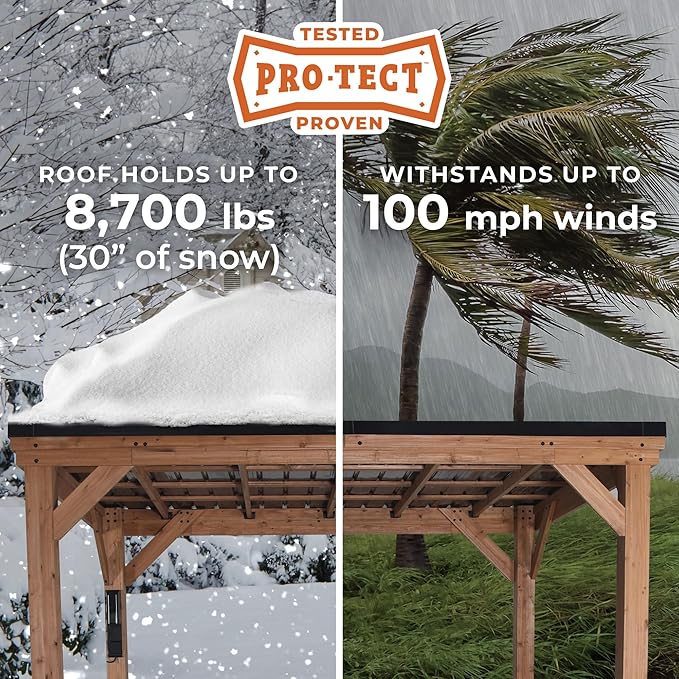 Backyard Discovery Arcadia 14' x 12' Cedar Wood Outdoor Gazebo Pavilion with Hardtop Galvanized Steel Slope Roof, Snow Support, Wind Resistance, PowerPort, Shade for Garden, Patio, Deck, Entertaining