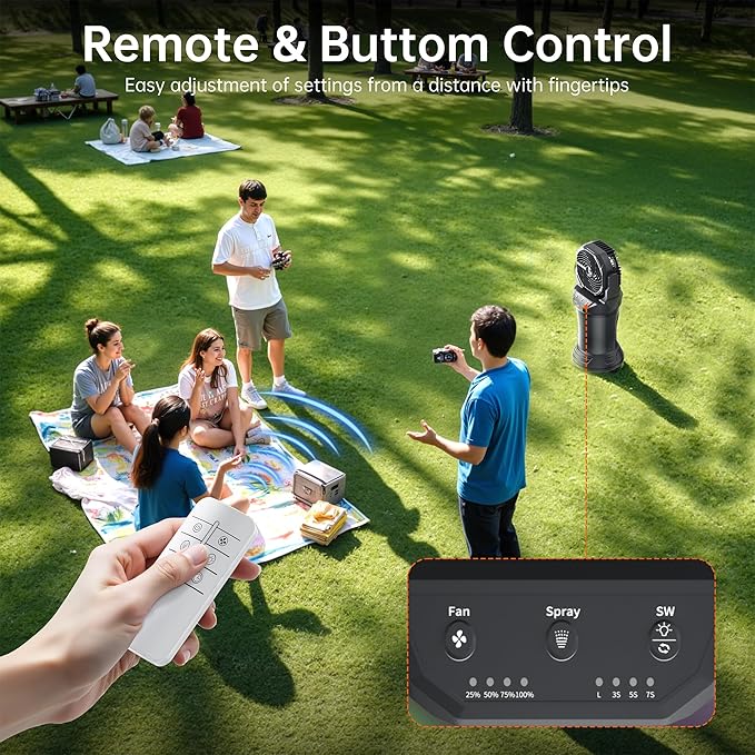 Portable Misting Fan, 30000mAh Battery Powered, Rechargeable Mist Fan with 4 Speeds, 4 Spray Modes, Remote & RGB Light, Auto Oscillation with 2L Tank Spray Cooling for Patios Camping Beach Outdoor