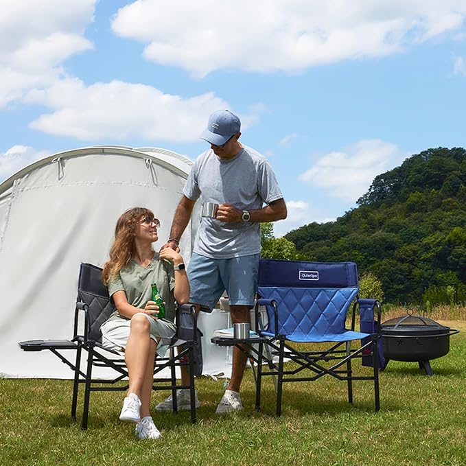 Camping Folding Chairs for Outside, Foldable Camp Chairs for Adults Heavy Duty, Oversized Directors Camping Chair with Table for Picnic, Lawn Large Comfy Camping Chair, 350 LBS Capacity, Blue