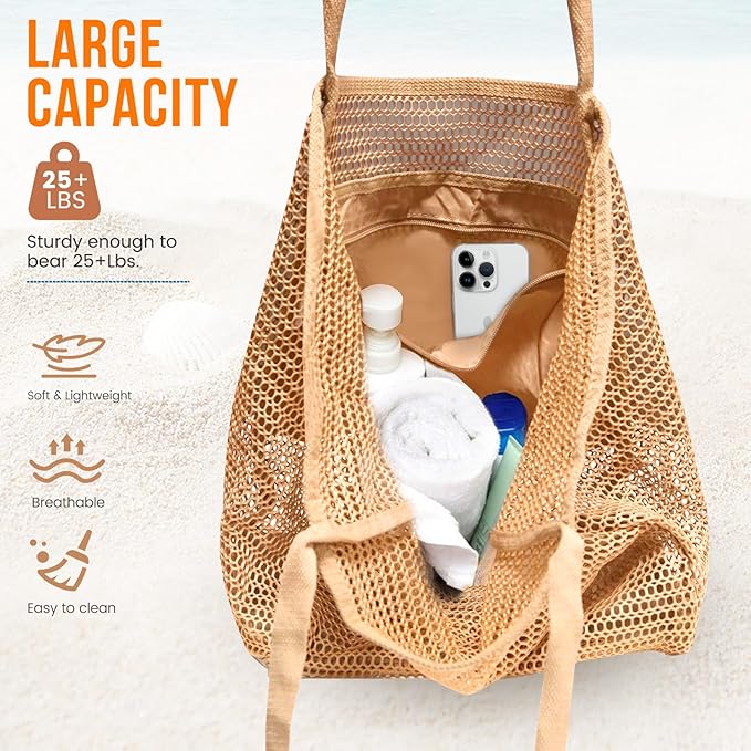 HOHOM Beach Bags for Women, Summer Travel Mesh Tote Bag with Large Inner Pocket, Sandproof Woven Shoulder Handbag