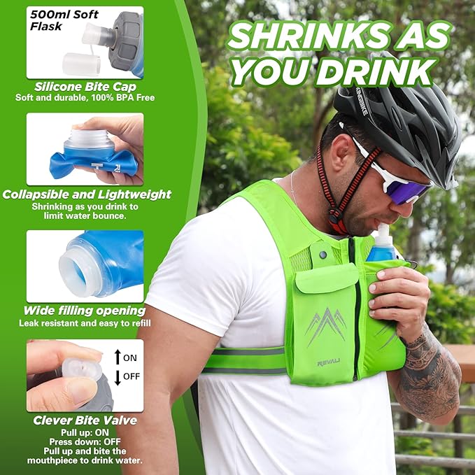 REVALI Zip Reflective Running Vests with Hydration Bottle, Adjustable Waistband & Breathable Material, Chest Pack Gear Phone Holder for Men & Women