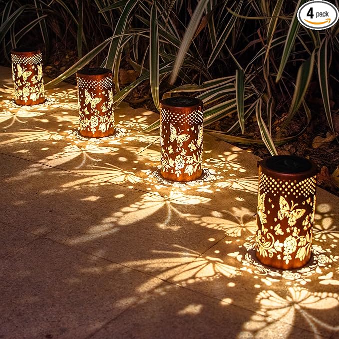 4 Pack Butterfly Birthday Gifts for Women Mom Grandma Solar Lanterns Outdoor Waterproof Garden Decor Metal Hanging LED Decorative Light for Patio Yard Lawn Backyard Front Porch Gardening Gifts