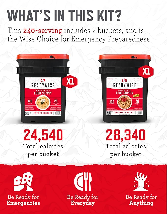 ReadyWise Emergency Food Supply - 240 Servings, 2 Buckets, Freeze Dried & Dehydrated Bulk Meals, Survival & Emergency Kit for Camping, Prepper Food Storage Supplies, up to 25 Year Shelf Life
