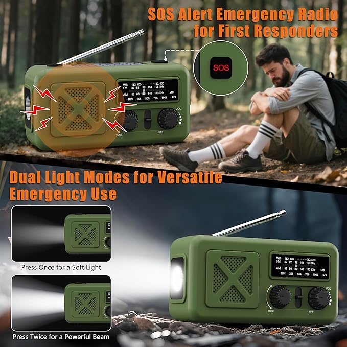 Emergency Radio Hand Crank Solar, 5000mAh/18500mWh Emergency Weather Radio, Solar Crank Radios with NOAA/AM/FM, Rechargeable Headlight, Thermal Blanket, Paracord Bracele, for Outdoor & Home