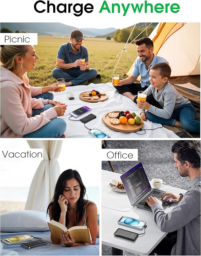 TG90° 10000mAh Portable Charger with Built-in AC Wall Plug and Cables, Ultra Slim USB C Power Bank External Battery Pack Compatible with iPhone and Android Phones