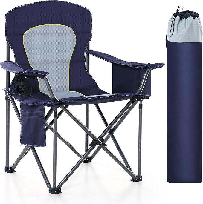 HIGH POINT SPORTS Oversized Camping Folding Chair, Heavy Duty Portable Outdoor Chair, Foldable Camp Chair with Cup Holder and Cooler Bag Support 450 LBS, Dark Blue…