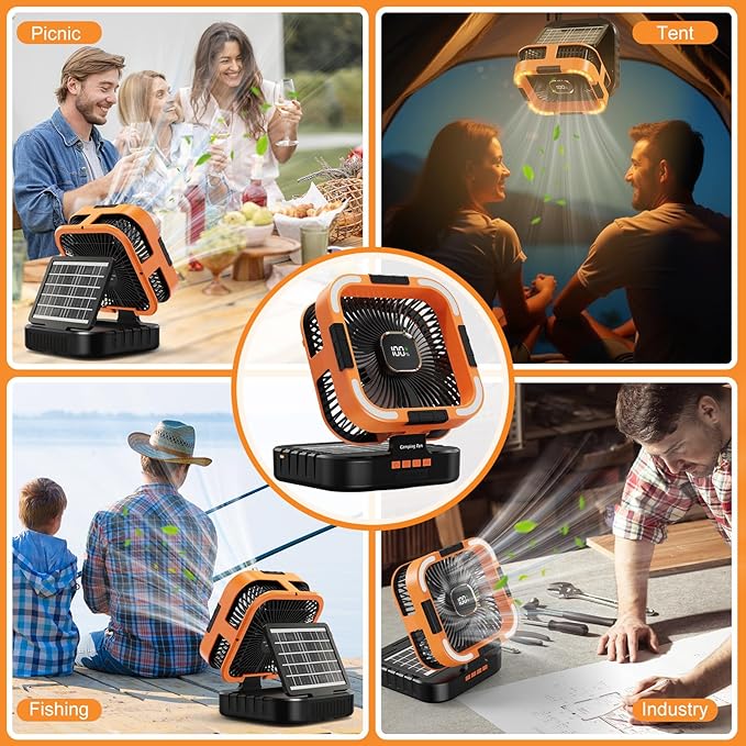 Portable Camping Fan with Solar Panel, 10000mAh Solar Powered fan, 6 Speed Levels, 120° Oscillation, 3 Light Modes, 6H Timer, Handle, Foldable Rechargeable Outdoor Fan for Tent, Hiking, Beach