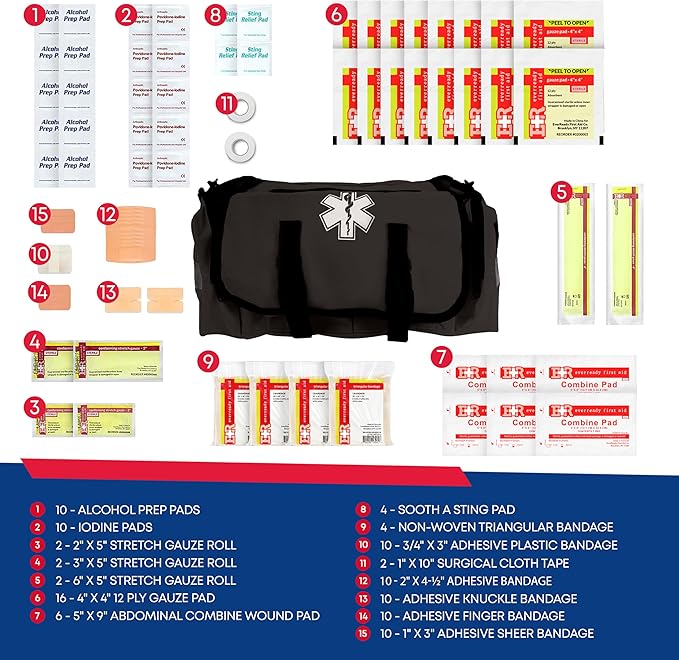 First Responder Trauma First Aid Kit Bag – Fully Stocked Emergency Medical Kit for Workplace, Vehicle & Home – OSHA & ANSI Compliant – Portable – Tactical Black