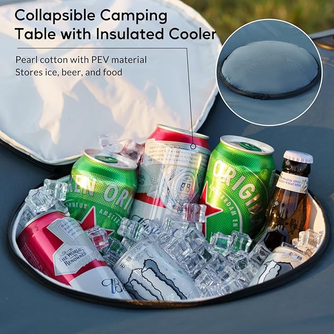 Portable Picnic Camping Table with Cooler, Folding Beach Table with 4 Tear Resistance Cup Holders, Tailgating Table Carry Bag for Travl, Beach, Summer Cookout Essential (Grey)