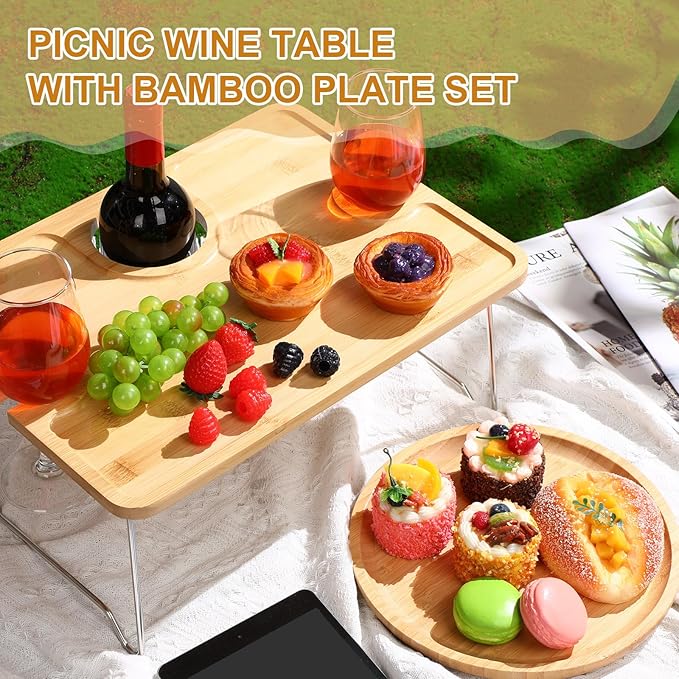 Picnic Foldable Wine Table with Bamboo Plate Kit, Handmade Handle Portable Bamboo Tray Table with Food Plate for 2 Outdoor Camping Picnic Wine Set Gift for Couples