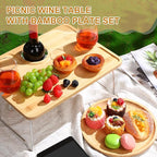 Picnic Foldable Wine Table with Bamboo Plate Kit, Handmade Handle Portable Bamboo Tray Table with Food Plate for 2 Outdoor Camping Picnic Wine Set Gift for Couples